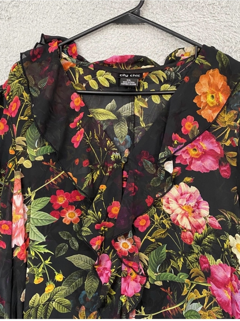 Floral Black Long Sleeve Ruffle Wrap Dress - Picture 2 of 13